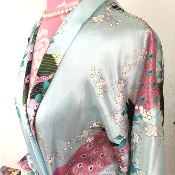 Peacock Blue Romantic Satin Kimono Robe - Picture 2 of 4